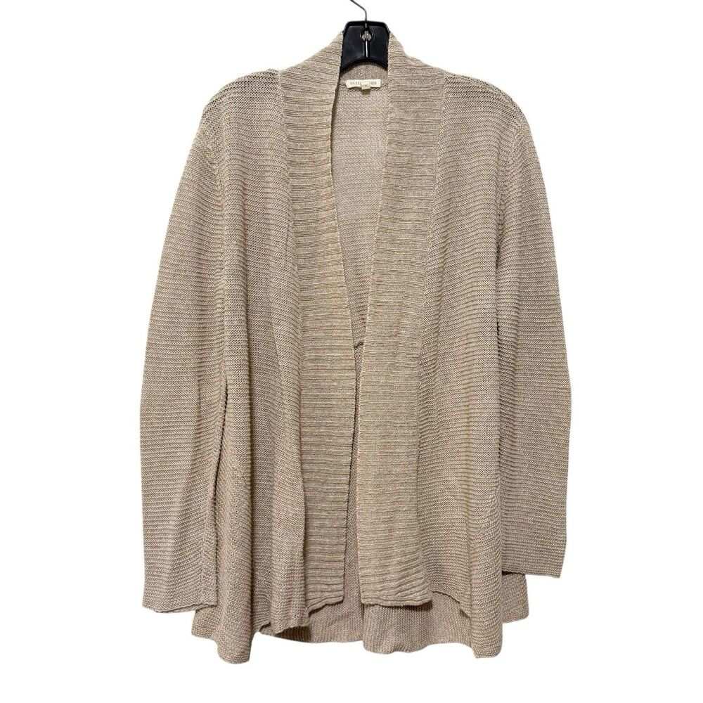 Eileen Fisher Cardigan Sweater Open Front 100% Linen Beige Brown Knit Size M